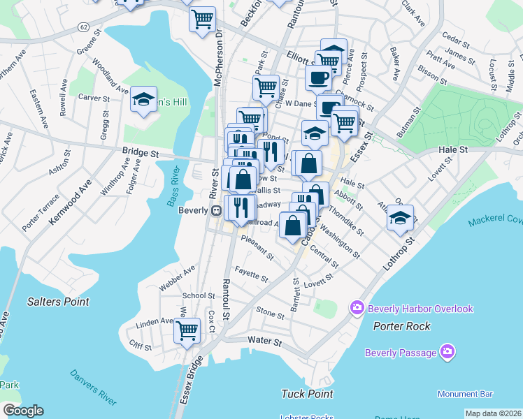 map of restaurants, bars, coffee shops, grocery stores, and more near 38 Broadway in Beverly