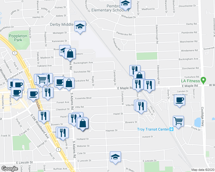 map of restaurants, bars, coffee shops, grocery stores, and more near 1591 East Maple Road in Birmingham