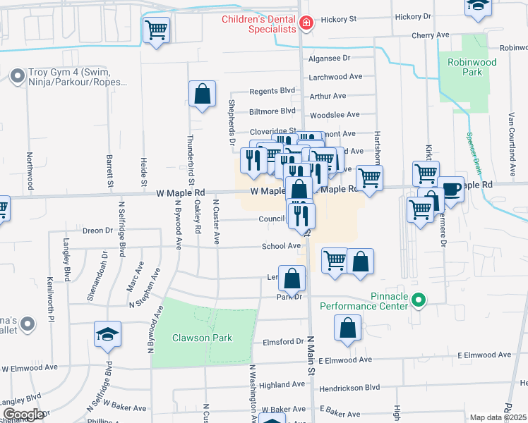 map of restaurants, bars, coffee shops, grocery stores, and more near 136 Council Ave in Clawson