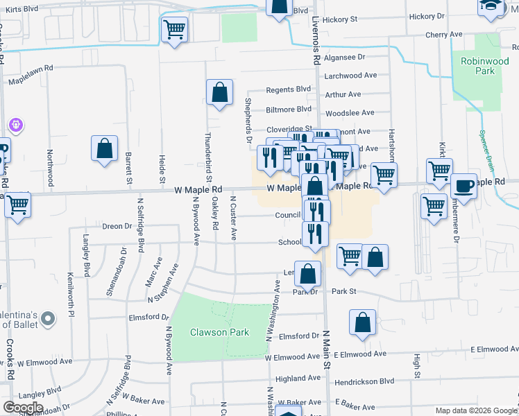 map of restaurants, bars, coffee shops, grocery stores, and more near 254 Council Avenue in Clawson