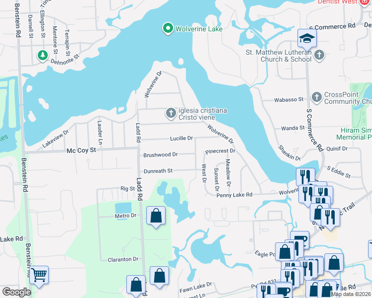 map of restaurants, bars, coffee shops, grocery stores, and more near 718 Brushwood Drive in Commerce Charter Township