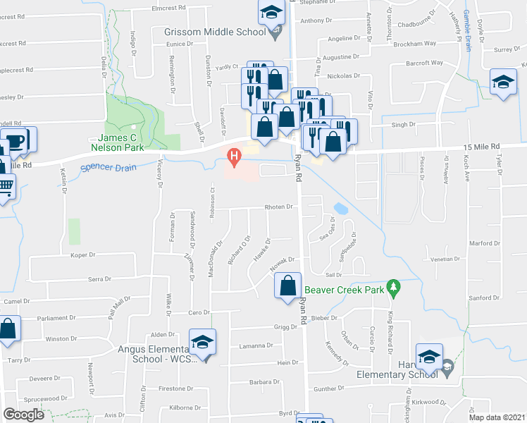 map of restaurants, bars, coffee shops, grocery stores, and more near 34677 Hawke Drive in Sterling Heights