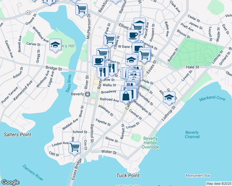 map of restaurants, bars, coffee shops, grocery stores, and more near 22 Broadway in Beverly