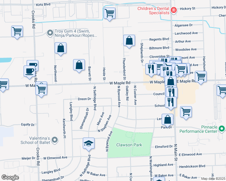 map of restaurants, bars, coffee shops, grocery stores, and more near 629 West Maple Road in Clawson