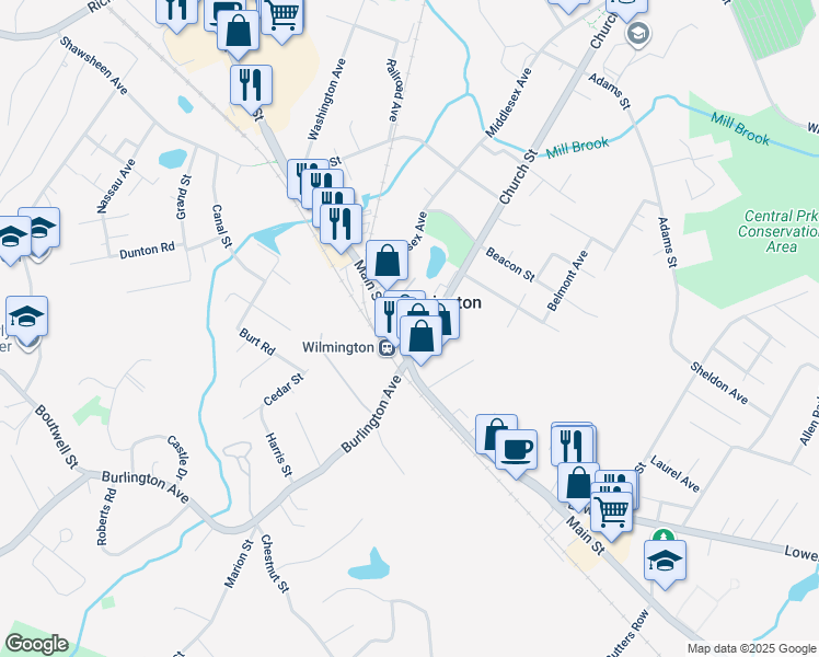 map of restaurants, bars, coffee shops, grocery stores, and more near 408 Main Street in Wilmington