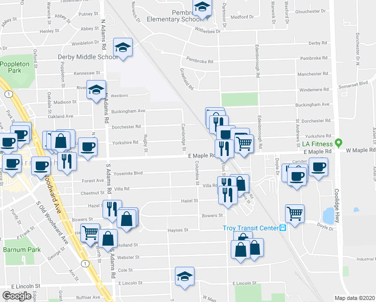 map of restaurants, bars, coffee shops, grocery stores, and more near 100 Cambridge Street in Birmingham
