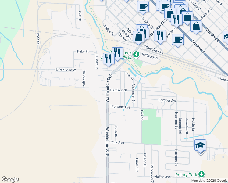 map of restaurants, bars, coffee shops, grocery stores, and more near 202 Ramage Street in Twin Falls