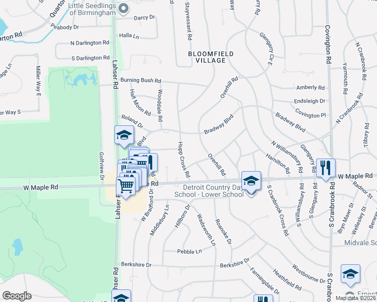 map of restaurants, bars, coffee shops, grocery stores, and more near 284 Hupp Cross Road in Bloomfield Hills