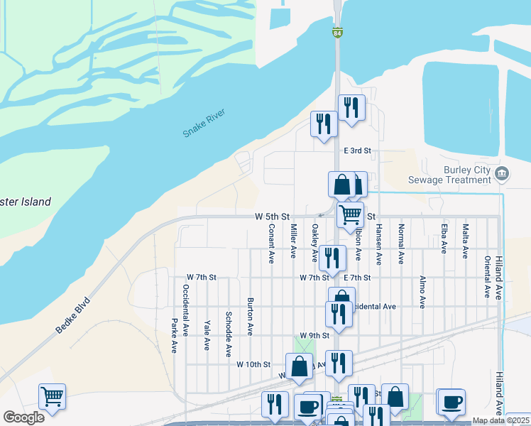 map of restaurants, bars, coffee shops, grocery stores, and more near 410 Bedke Boulevard in Burley