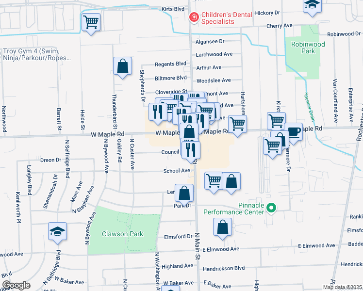 map of restaurants, bars, coffee shops, grocery stores, and more near 48 Council Avenue in Clawson
