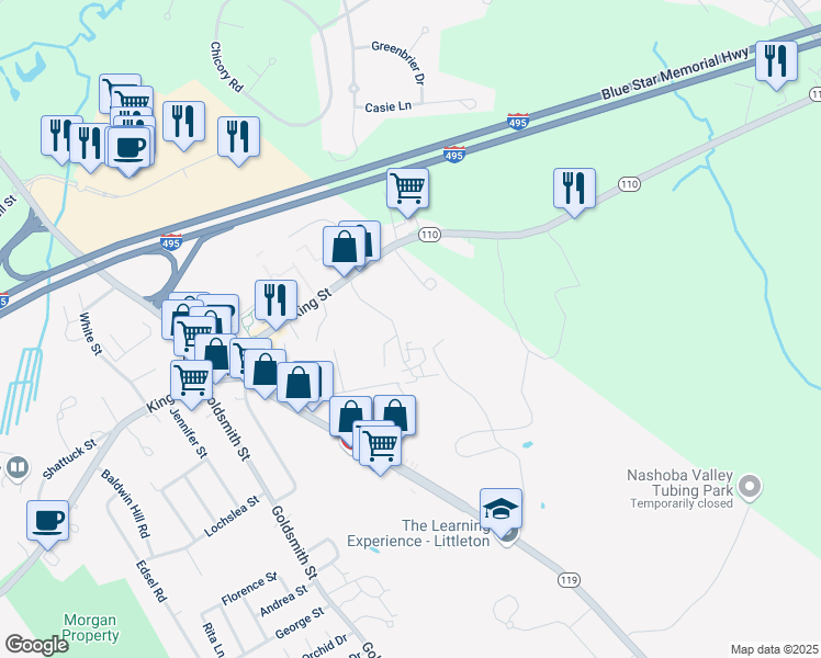 map of restaurants, bars, coffee shops, grocery stores, and more near 10 Farmstead Way in Littleton