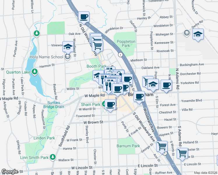 map of restaurants, bars, coffee shops, grocery stores, and more near 275 North Old Woodward Avenue in Birmingham
