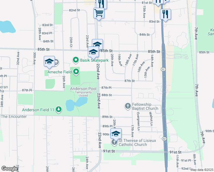 map of restaurants, bars, coffee shops, grocery stores, and more near 2108 87th Place in Kenosha
