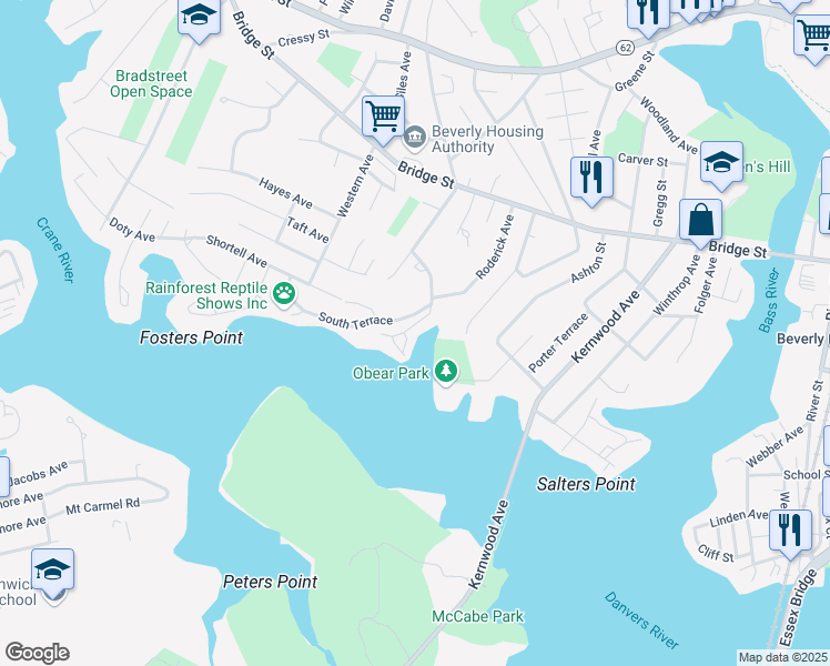 map of restaurants, bars, coffee shops, grocery stores, and more near 12 Marsh Avenue in Beverly