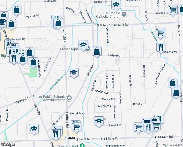 map of restaurants, bars, coffee shops, grocery stores, and more near 34030 Klein Road in Fraser