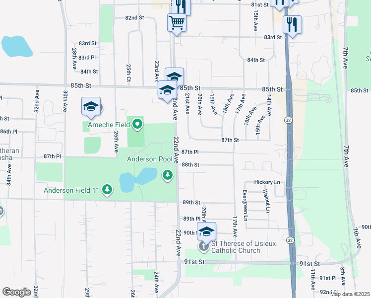 map of restaurants, bars, coffee shops, grocery stores, and more near 2108 87th Place in Kenosha