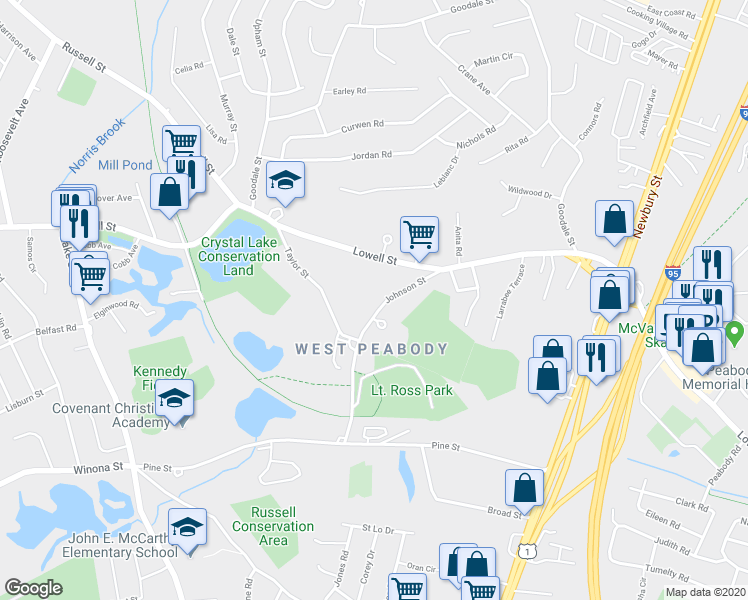 map of restaurants, bars, coffee shops, grocery stores, and more near 17 Johnson Street in Peabody