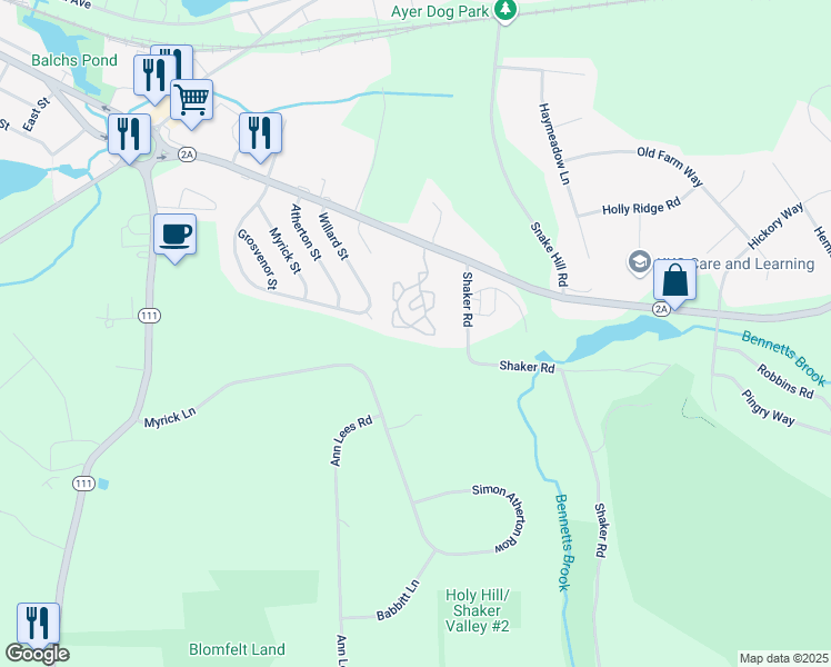 map of restaurants, bars, coffee shops, grocery stores, and more near 55 Littleton Road in Ayer