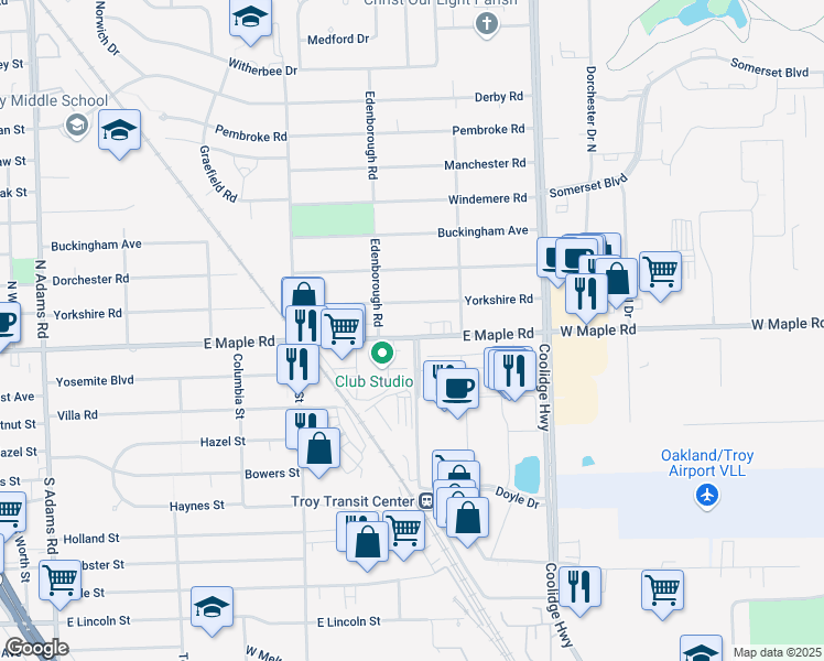 map of restaurants, bars, coffee shops, grocery stores, and more near 2457 East Maple Road in Birmingham