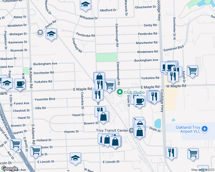 map of restaurants, bars, coffee shops, grocery stores, and more near 2101 East Maple Road in Birmingham
