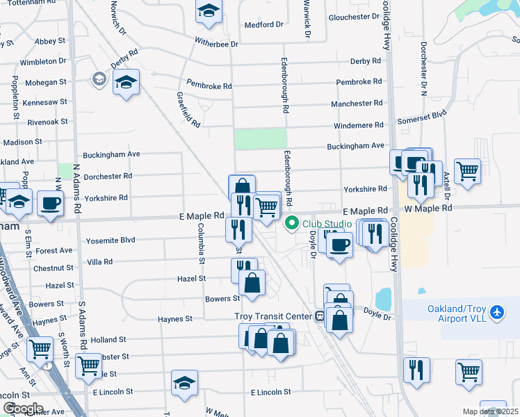 map of restaurants, bars, coffee shops, grocery stores, and more near 2101 East Maple Road in Birmingham