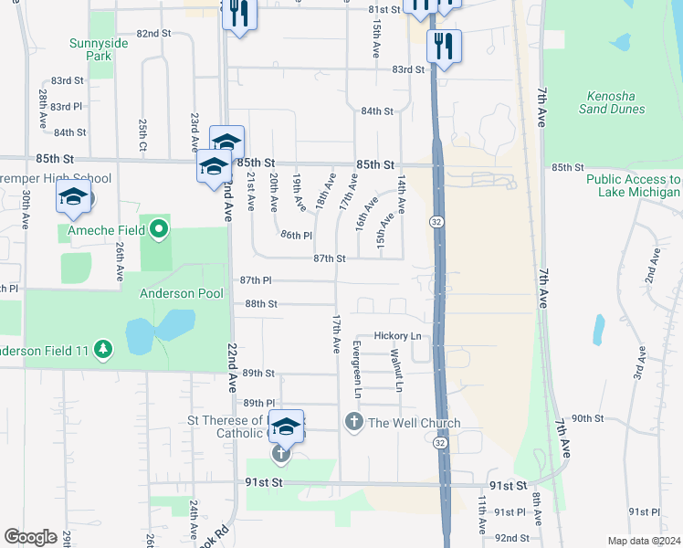 map of restaurants, bars, coffee shops, grocery stores, and more near 8715 17th Avenue in Kenosha