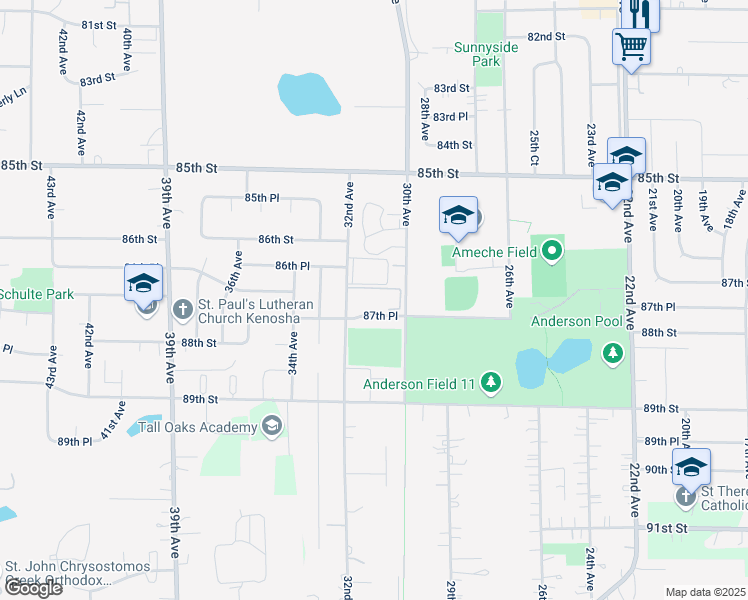 map of restaurants, bars, coffee shops, grocery stores, and more near 8719 32nd Avenue in Kenosha