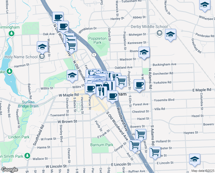 map of restaurants, bars, coffee shops, grocery stores, and more near 248 Park Street in Birmingham