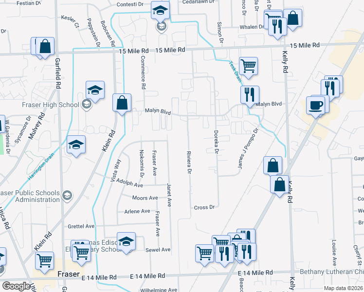 map of restaurants, bars, coffee shops, grocery stores, and more near 34115 Riviera Drive in Fraser