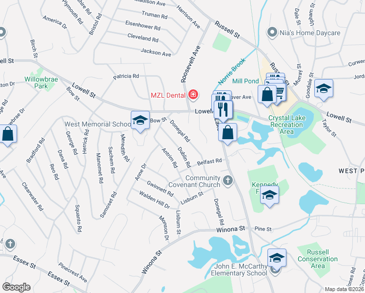 map of restaurants, bars, coffee shops, grocery stores, and more near 17 Dublin Road in Peabody