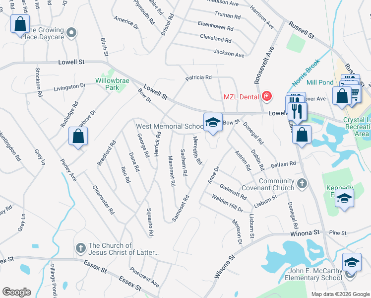 map of restaurants, bars, coffee shops, grocery stores, and more near 6 Sachem Road in Peabody