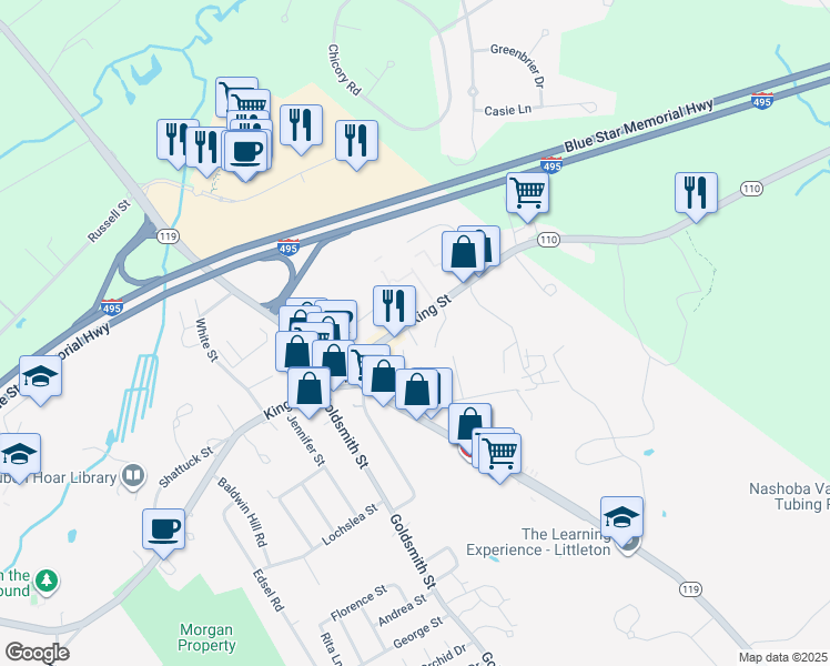 map of restaurants, bars, coffee shops, grocery stores, and more near 537 King Street in Littleton