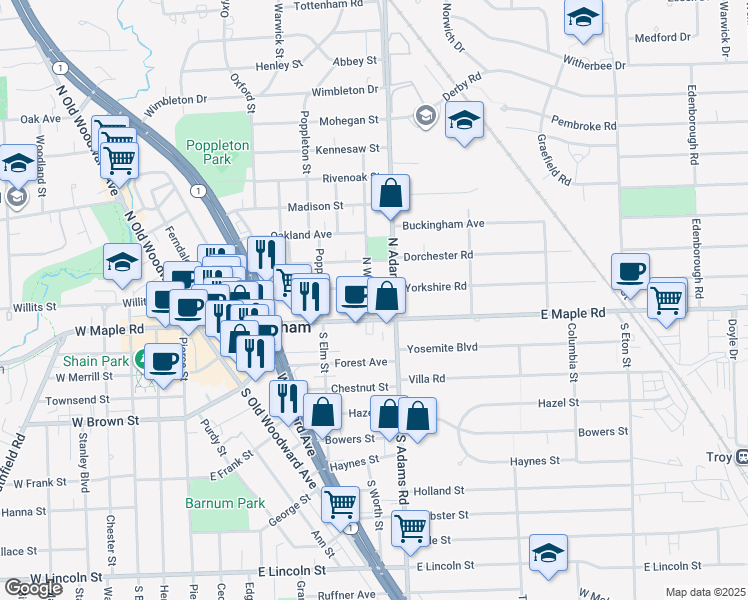 map of restaurants, bars, coffee shops, grocery stores, and more near 156 North Worth Street in Birmingham