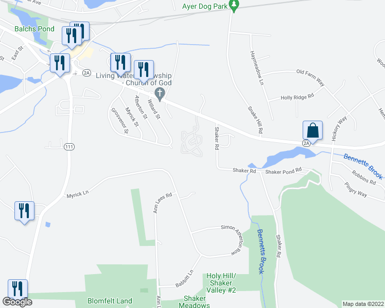 map of restaurants, bars, coffee shops, grocery stores, and more near 55 Littleton Road in Ayer