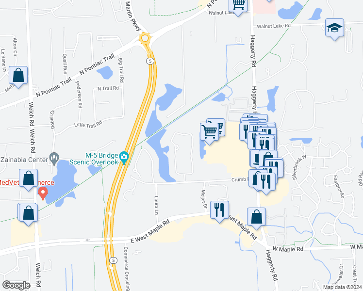 map of restaurants, bars, coffee shops, grocery stores, and more near 1803 Treyborne Circle in Commerce Charter Township