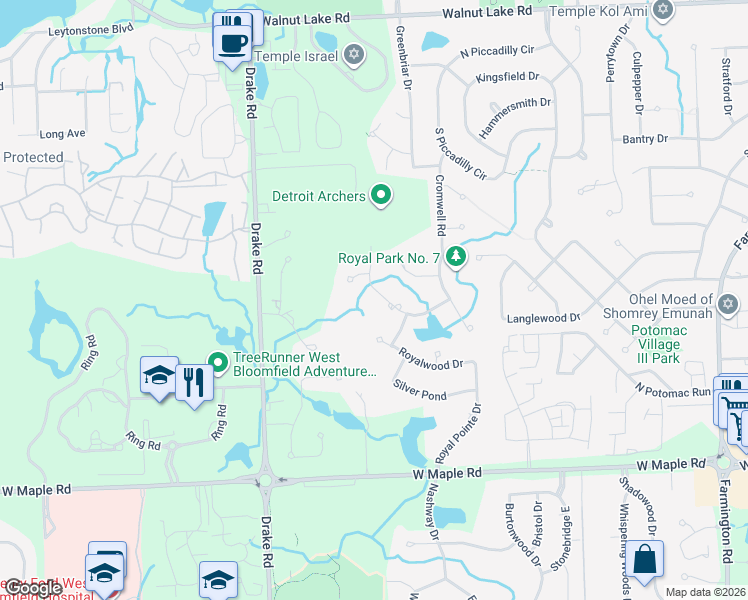 map of restaurants, bars, coffee shops, grocery stores, and more near 6070 Oak Trail Drive in Oakland County