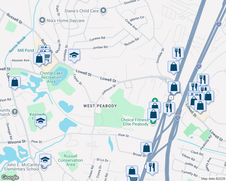 map of restaurants, bars, coffee shops, grocery stores, and more near 8 Johnson Street in Peabody