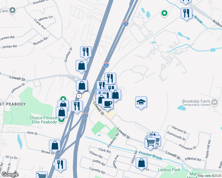 map of restaurants, bars, coffee shops, grocery stores, and more near 4 Bourbon Street in Peabody