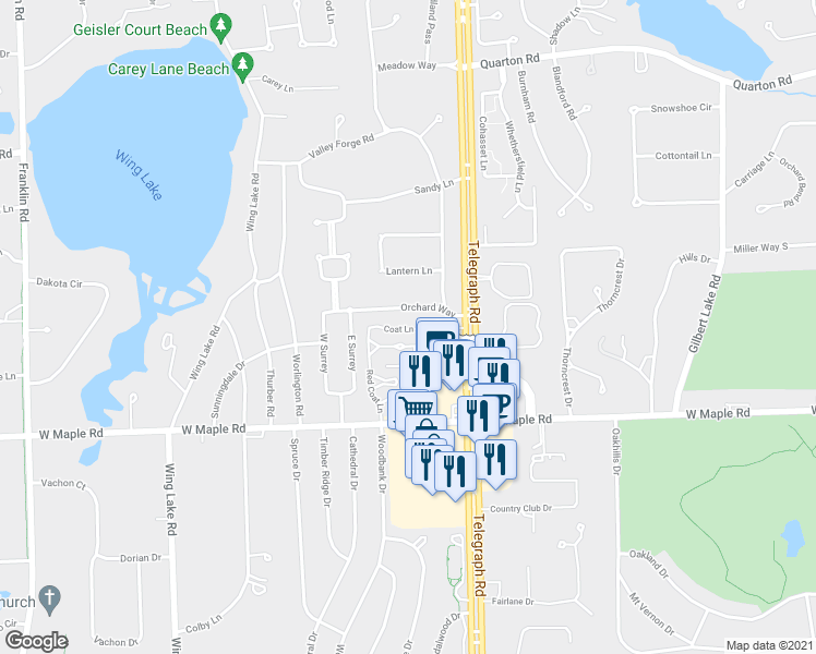 map of restaurants, bars, coffee shops, grocery stores, and more near 104 Coat Lane in Bloomfield Township