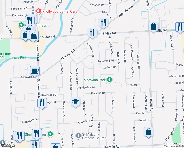 map of restaurants, bars, coffee shops, grocery stores, and more near 34249 Greentrees Road in Sterling Heights