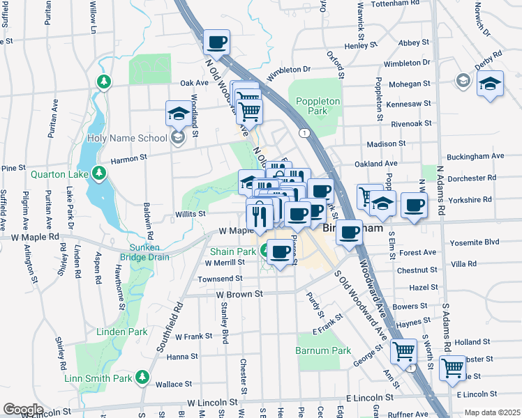 map of restaurants, bars, coffee shops, grocery stores, and more near 296 Willits Street in Birmingham