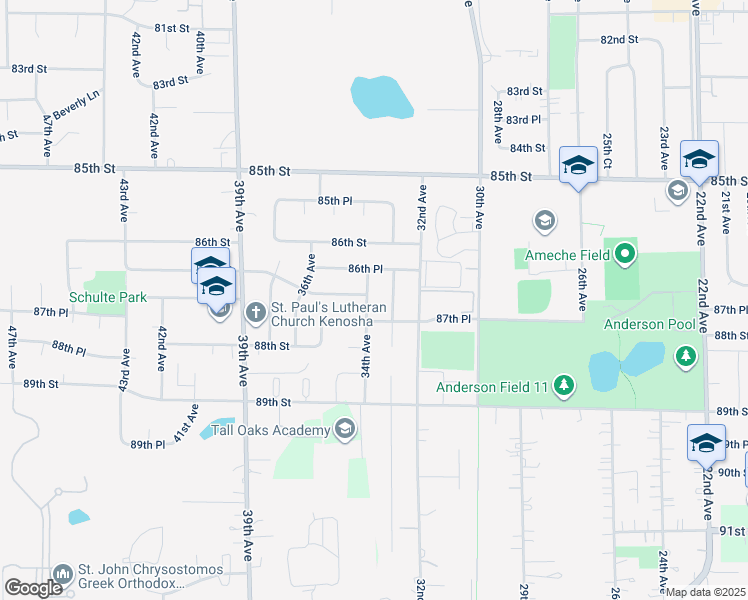 map of restaurants, bars, coffee shops, grocery stores, and more near 8703 34th Avenue in Kenosha
