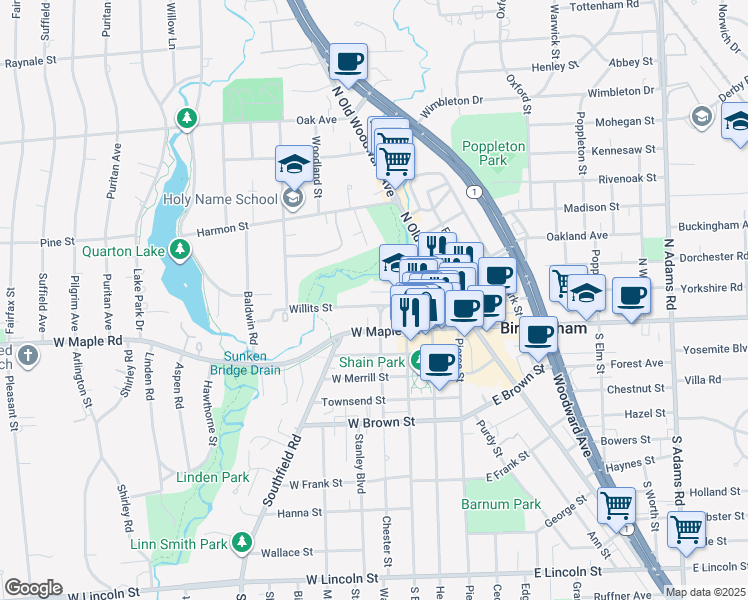 map of restaurants, bars, coffee shops, grocery stores, and more near 424 Willits Street in Birmingham