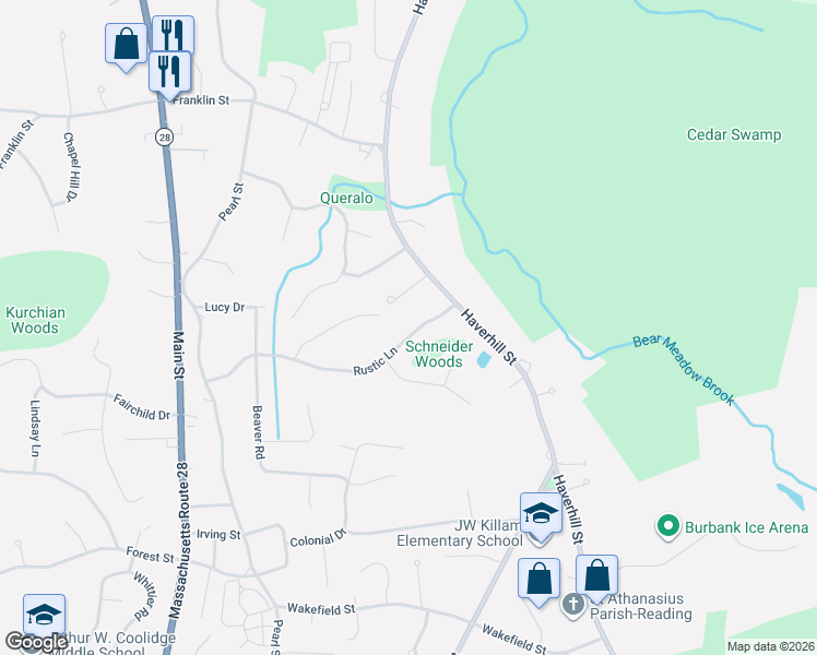 map of restaurants, bars, coffee shops, grocery stores, and more near 37 Rustic Lane in Reading