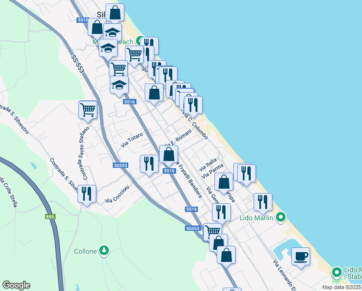 map of restaurants, bars, coffee shops, grocery stores, and more near 37 Via Bindi in Silvi