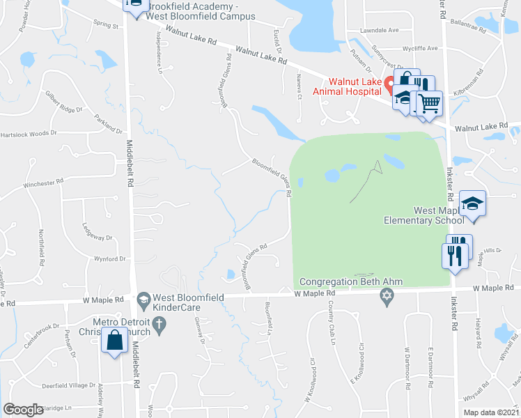 map of restaurants, bars, coffee shops, grocery stores, and more near 6100 Bloomfield Glens Road in West Bloomfield Township