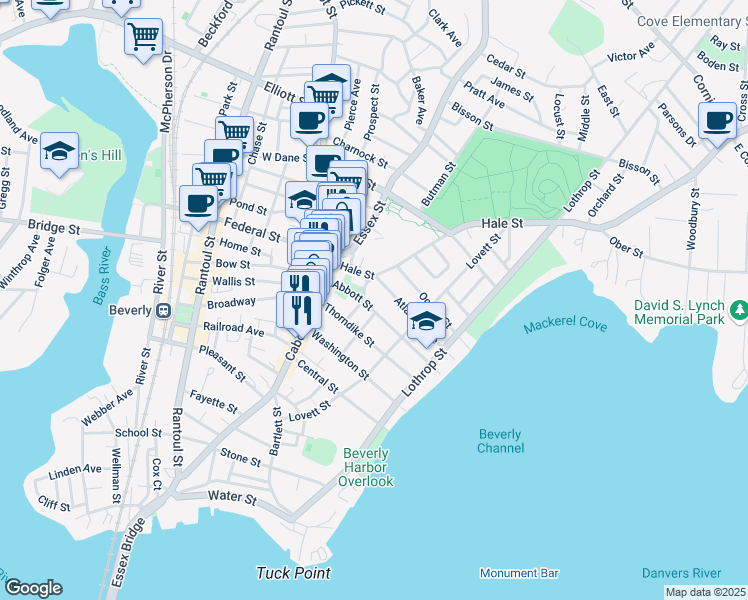 map of restaurants, bars, coffee shops, grocery stores, and more near 1 Monument Square in Beverly
