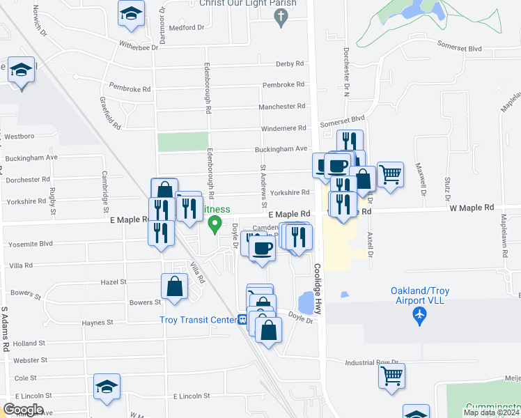 map of restaurants, bars, coffee shops, grocery stores, and more near 2567 East Maple Road in Birmingham