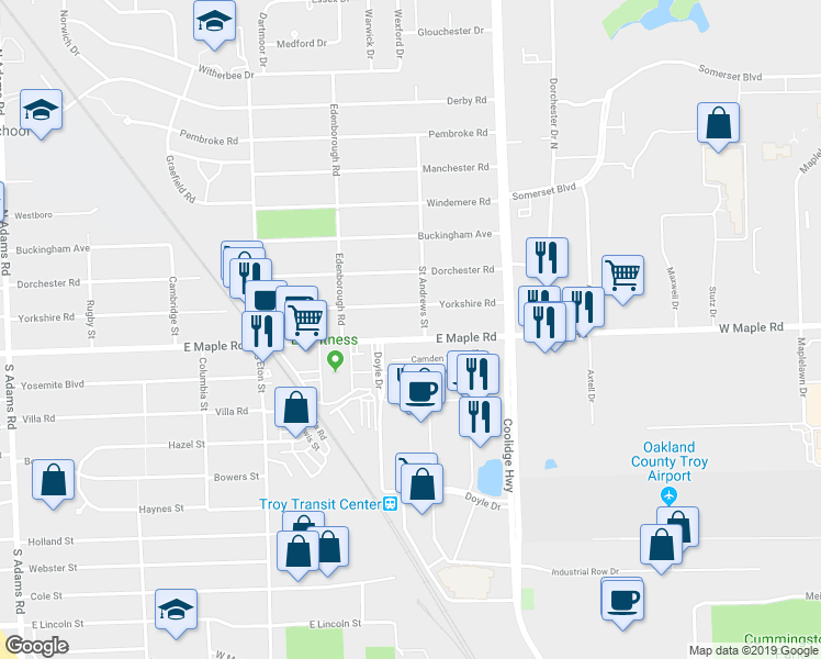 map of restaurants, bars, coffee shops, grocery stores, and more near 2567 East Maple Road in Birmingham