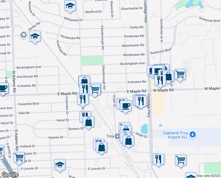 map of restaurants, bars, coffee shops, grocery stores, and more near 2457 East Maple Road in Birmingham
